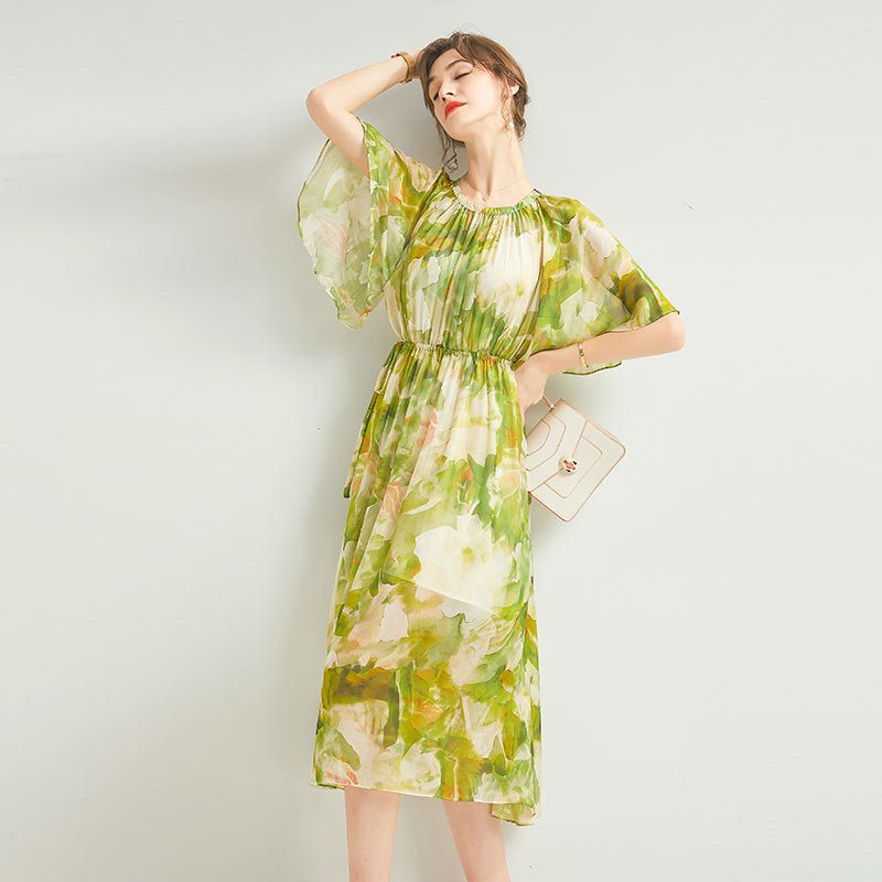 Womens Silk Chiffon Midi Dress Flutter Sleeve Watercolor Floral Green Silk Dress Green XS