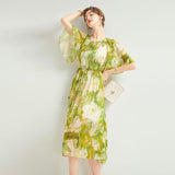 Womens Silk Chiffon Midi Dress Flutter Sleeve Watercolor Floral Green Silk Dress Green XS