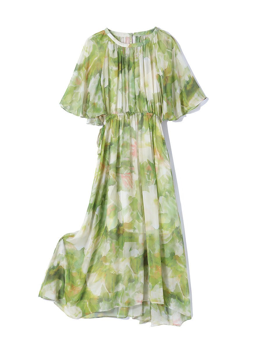 Womens Silk Chiffon Midi Dress Flutter Sleeve Watercolor Floral Green Silk Dress Green XS