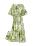 Womens Silk Chiffon Midi Dress Flutter Sleeve Watercolor Floral Green Silk Dress Green XS