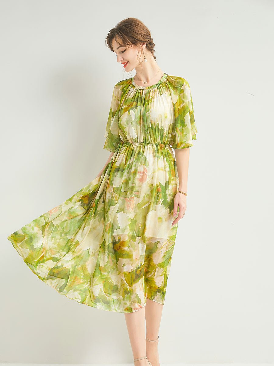 Womens Silk Chiffon Midi Dress Flutter Sleeve Watercolor Floral Green Silk Dress Green XS