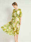 Womens Silk Chiffon Midi Dress Flutter Sleeve Watercolor Floral Green Silk Dress Green XS