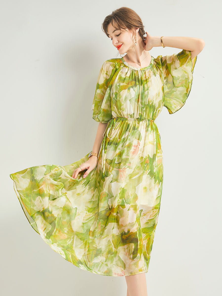 Womens Silk Chiffon Midi Dress Flutter Sleeve Watercolor Floral Green Silk Dress Green XS