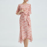 Womens Silk Chiffon Midi Dress Ruffle Sleeves Floral Silk Dress Waist Tie Pink XS