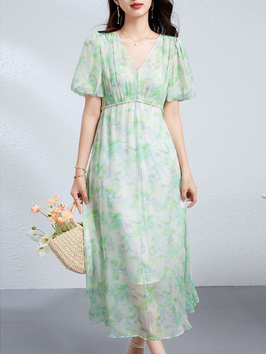 Womens Silk Floral Dress V Neck Silk Midi Dress Short Sleeve Flowing Skirt Green XS