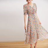 Womens Silk Floral Midi Dress Puff Sleeves Front Slit Silk Dress