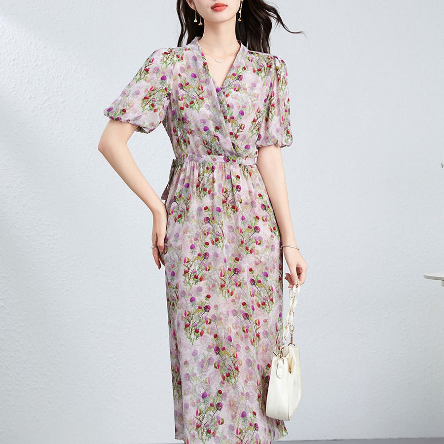 Womens Silk Floral Wrap Midi Dress Puff Sleeve Pleated Waist Silk Dress Purple XS