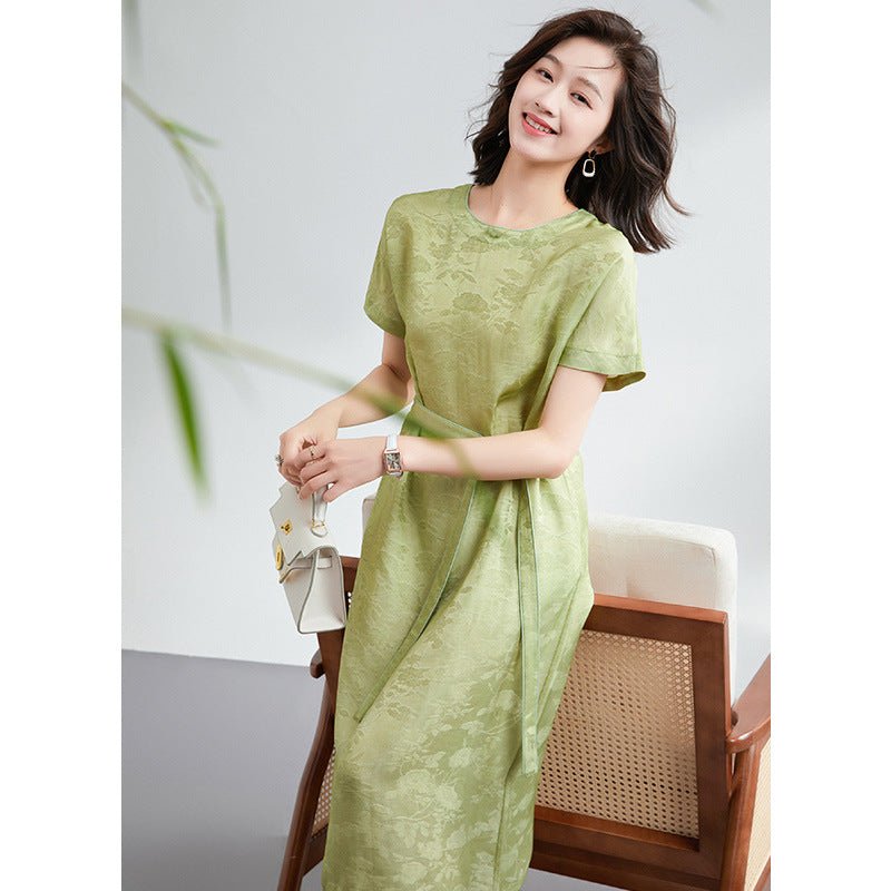 Womens Silk Jacquard Midi Dress Belted Waist Short Sleeve Green Silk Dress Green XS