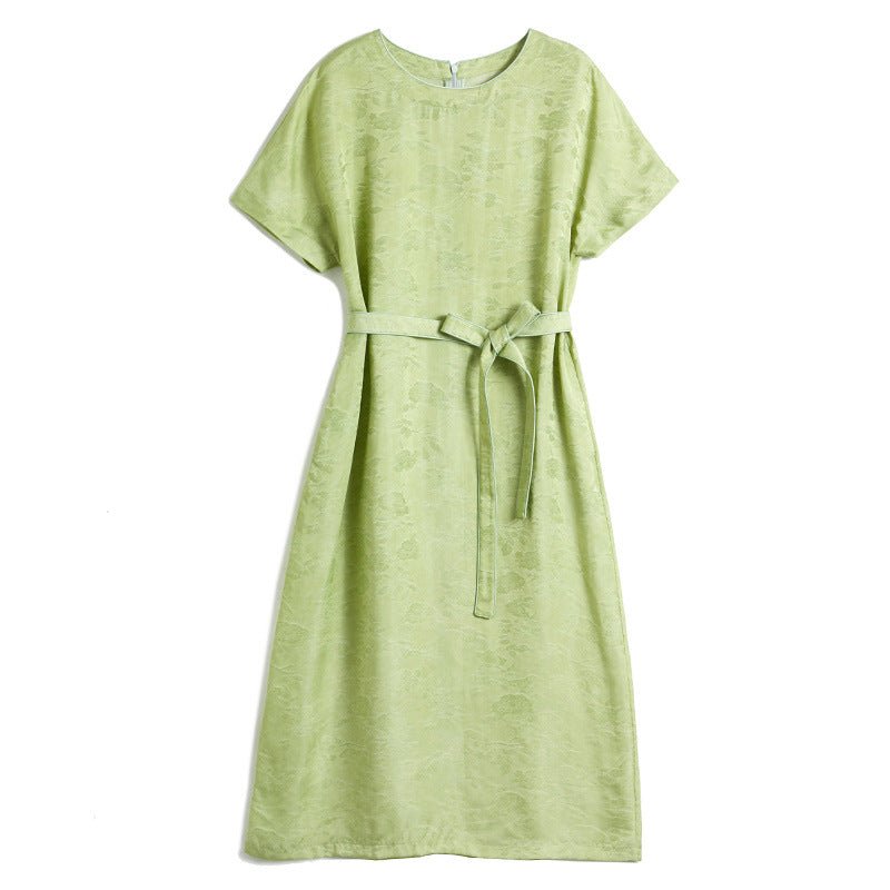 Womens Silk Jacquard Midi Dress Belted Waist Short Sleeve Green Silk Dress Green XS