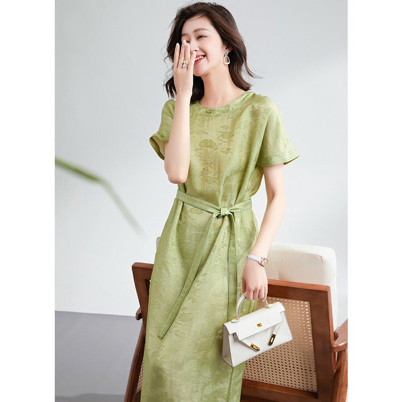 Womens Silk Jacquard Midi Dress Belted Waist Short Sleeve Green Silk Dress Green XS