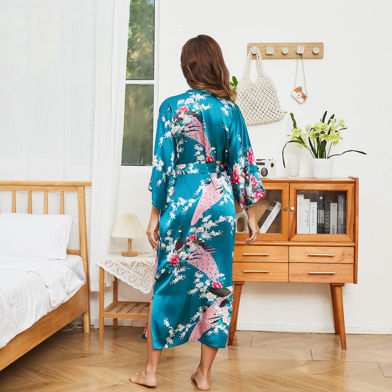 Womens Silk Kimono Peacock and Floral Print Kimono Silk Long Silk Robe