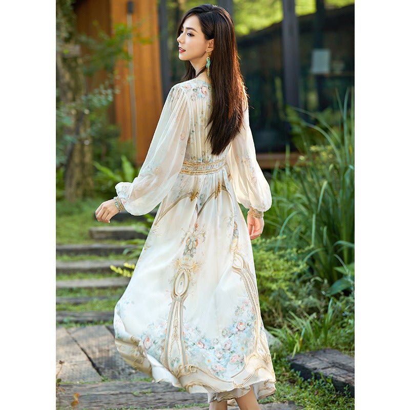 Womens Silk Maxi Dress Baroque Floral Print Sheer Sleeve Long Silk Dress