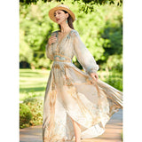 Womens Silk Maxi Dress Baroque Floral Print Sheer Sleeve Long Silk Dress