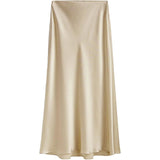 Womens Silk Maxi Skirt with Side Slit High Waist Silk Skirt Champagne XS