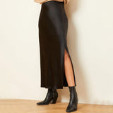 Womens Silk Maxi Skirt with Side Slit High Waist Silk Skirt Black XS