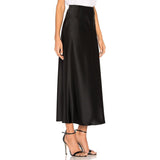 Womens Silk Maxi Skirt with Side Slit High Waist Silk Skirt Black XS
