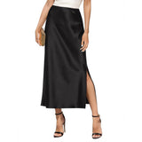Womens Silk Maxi Skirt with Side Slit High Waist Silk Skirt Black XS
