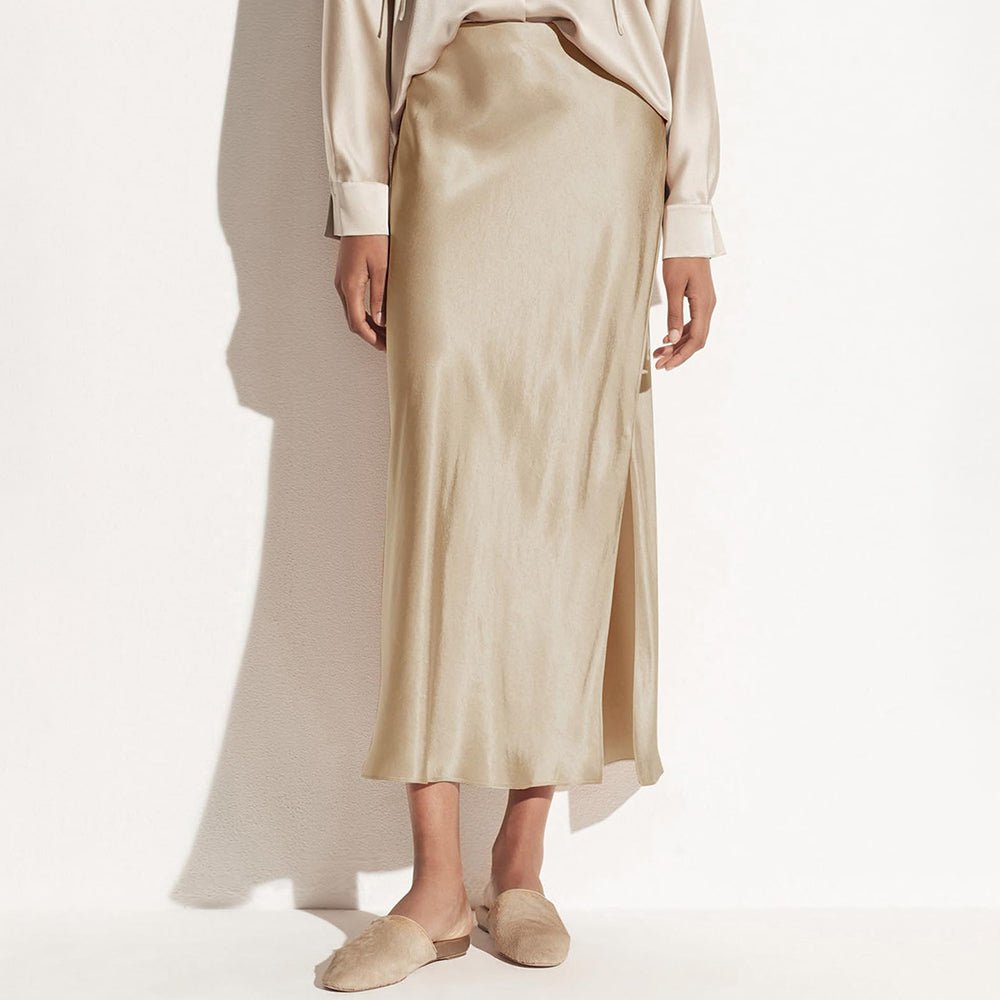 Womens Silk Maxi Skirt with Side Slit High Waist Silk Skirt Champagne XS