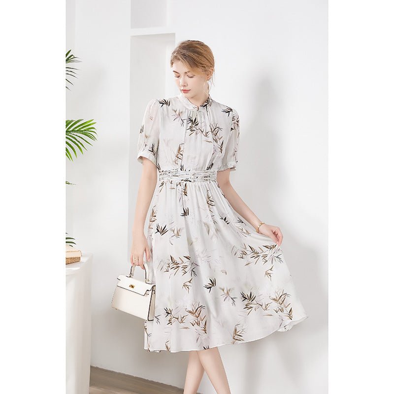 Womens Silk Midi Dress Belted Waist Bamboo Leaf Printed Silk Dresses