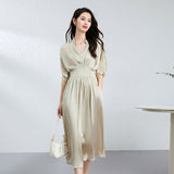 Womens Silk Midi Dress Draped V - Neck Cinched Waist Long Silk Dress Champagne XS