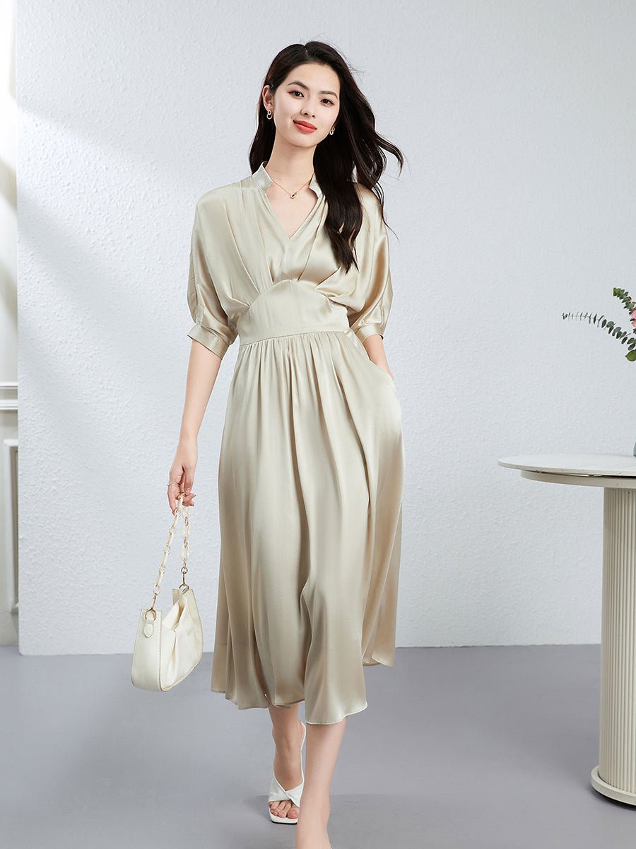 Womens Silk Midi Dress Draped V - Neck Cinched Waist Long Silk Dress Champagne XS