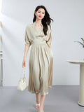 Womens Silk Midi Dress Draped V - Neck Cinched Waist Long Silk Dress Champagne XS