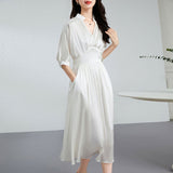 Womens Silk Midi Dress Draped V - Neck Cinched Waist Long Silk Dress Ivory XS