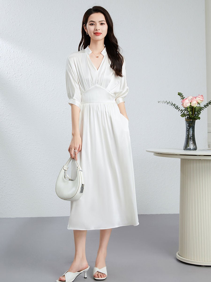 Womens Silk Midi Dress Draped V - Neck Cinched Waist Long Silk Dress Ivory XS