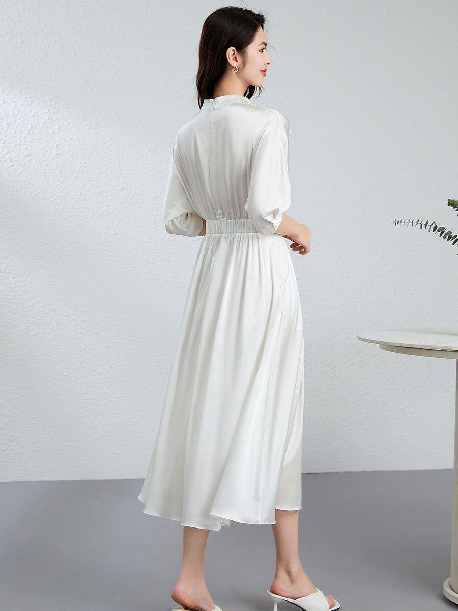 Womens Silk Midi Dress Draped V - Neck Cinched Waist Long Silk Dress Ivory XS