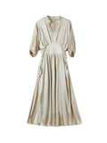 Womens Silk Midi Dress Draped V - Neck Cinched Waist Long Silk Dress Champagne XS