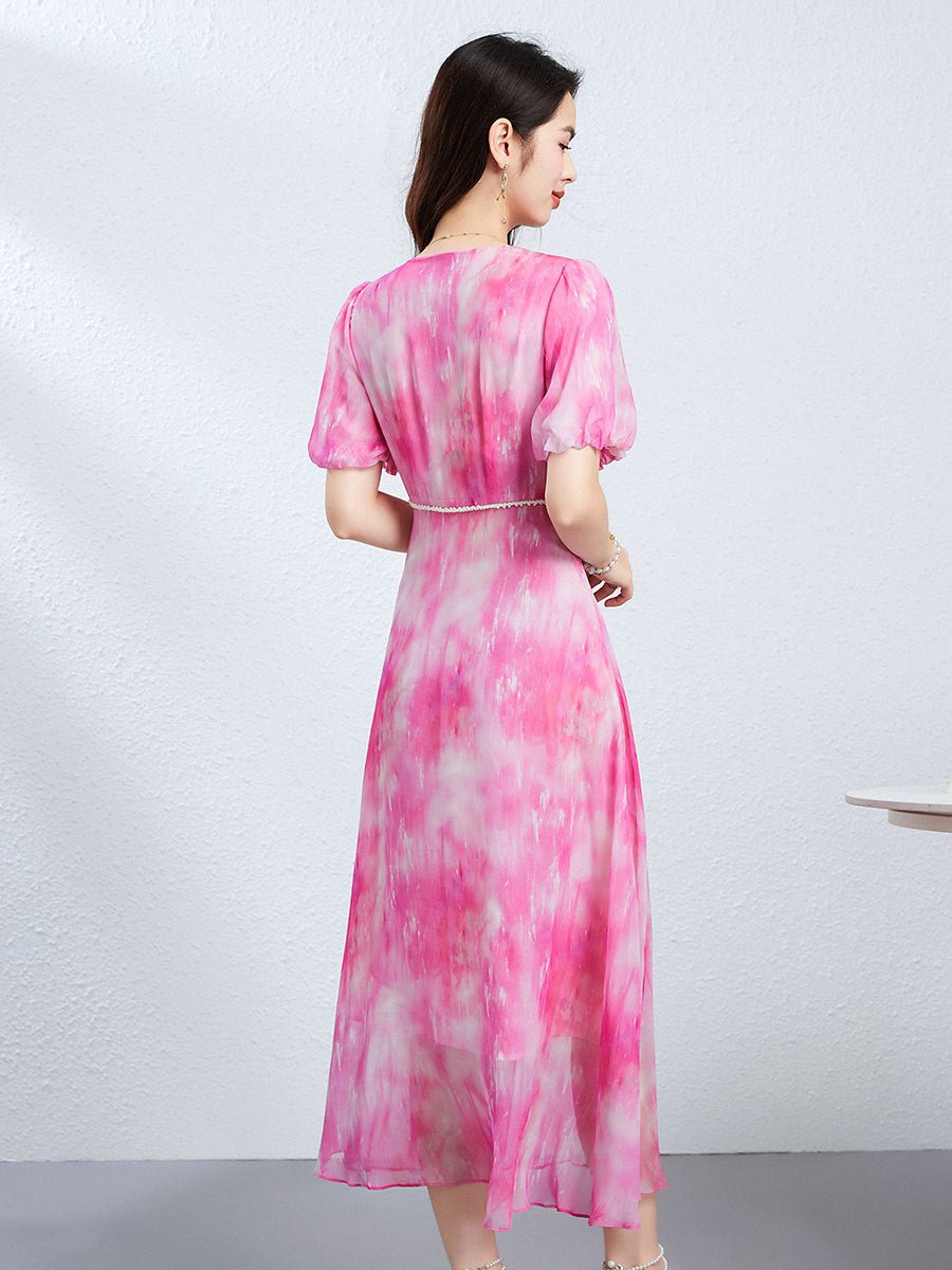 Womens Silk Midi Dress Puff Sleeves Long Silk Dress Watercolor Print Silk Dress Pink XS