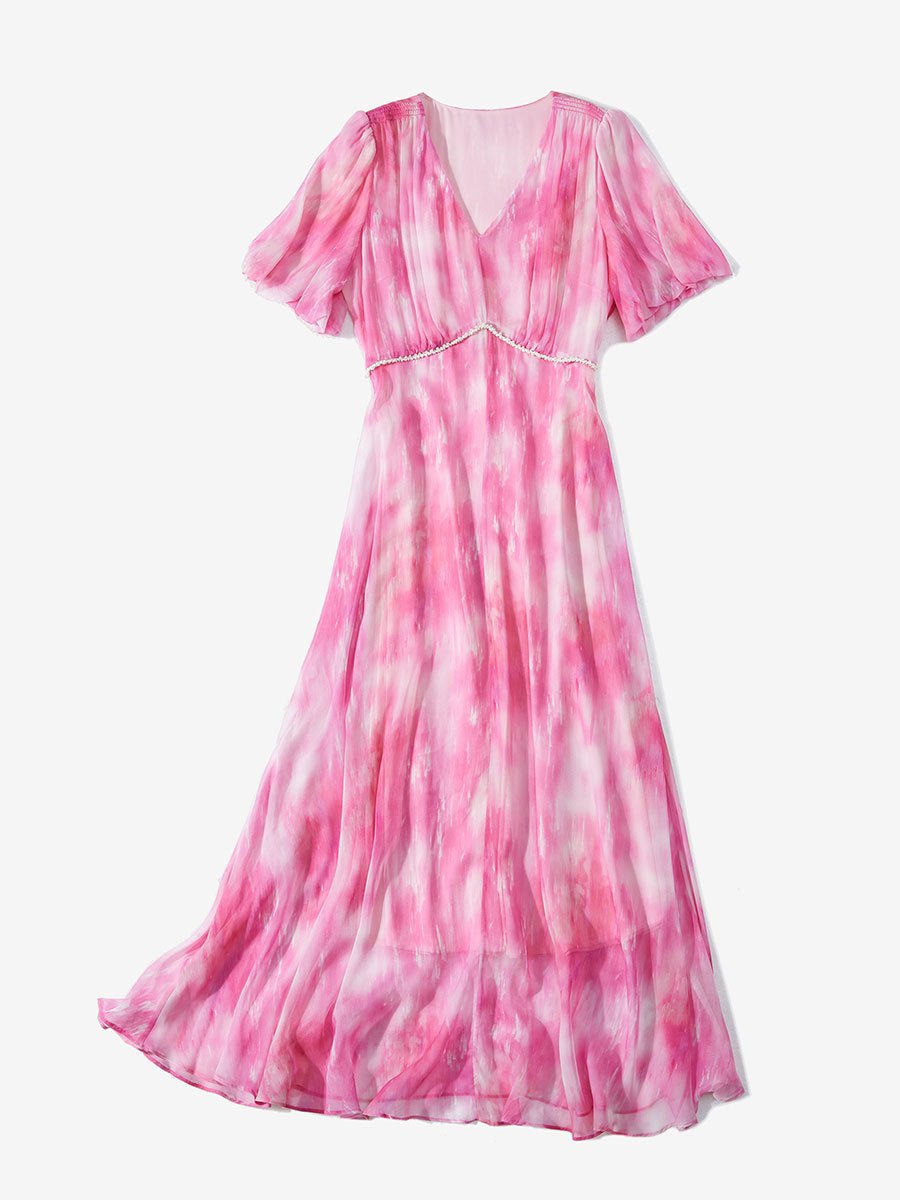 Womens Silk Midi Dress Puff Sleeves Long Silk Dress Watercolor Print Silk Dress Pink XS