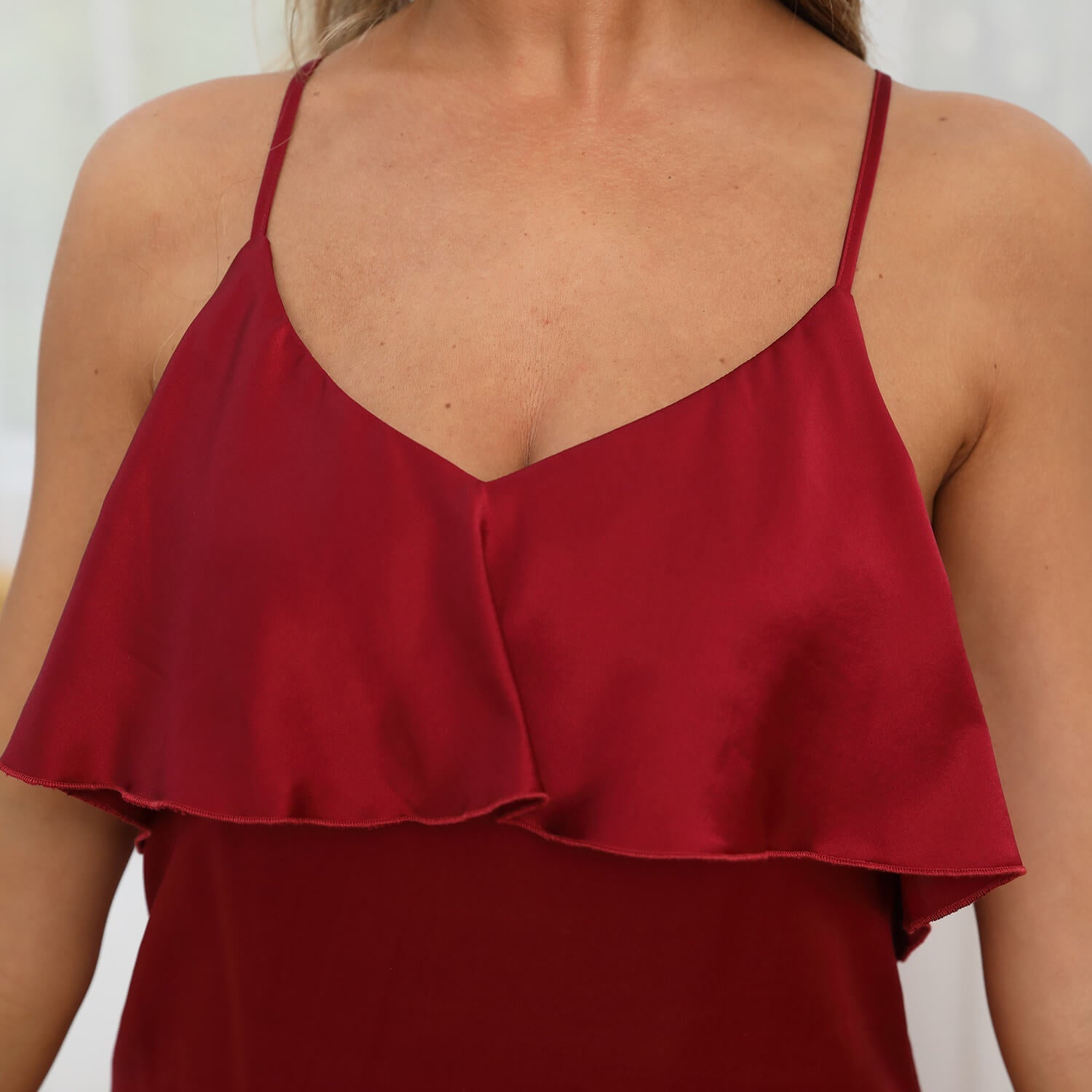 Womens Silk Nightgown Backless V Necked Ruffle Silk Slip Dress