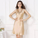 Womens Lattice V Neck Silk Nightgown Short Silk Slip Dress Gold XS