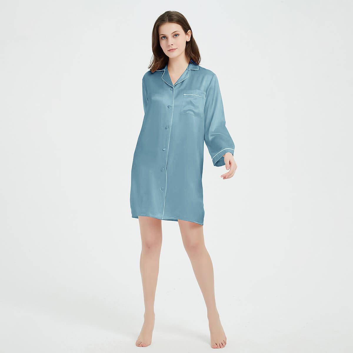 Womens Silk Nightshirt 100% Boyfriend Pure Silk Sleepwear Haze Blue XS