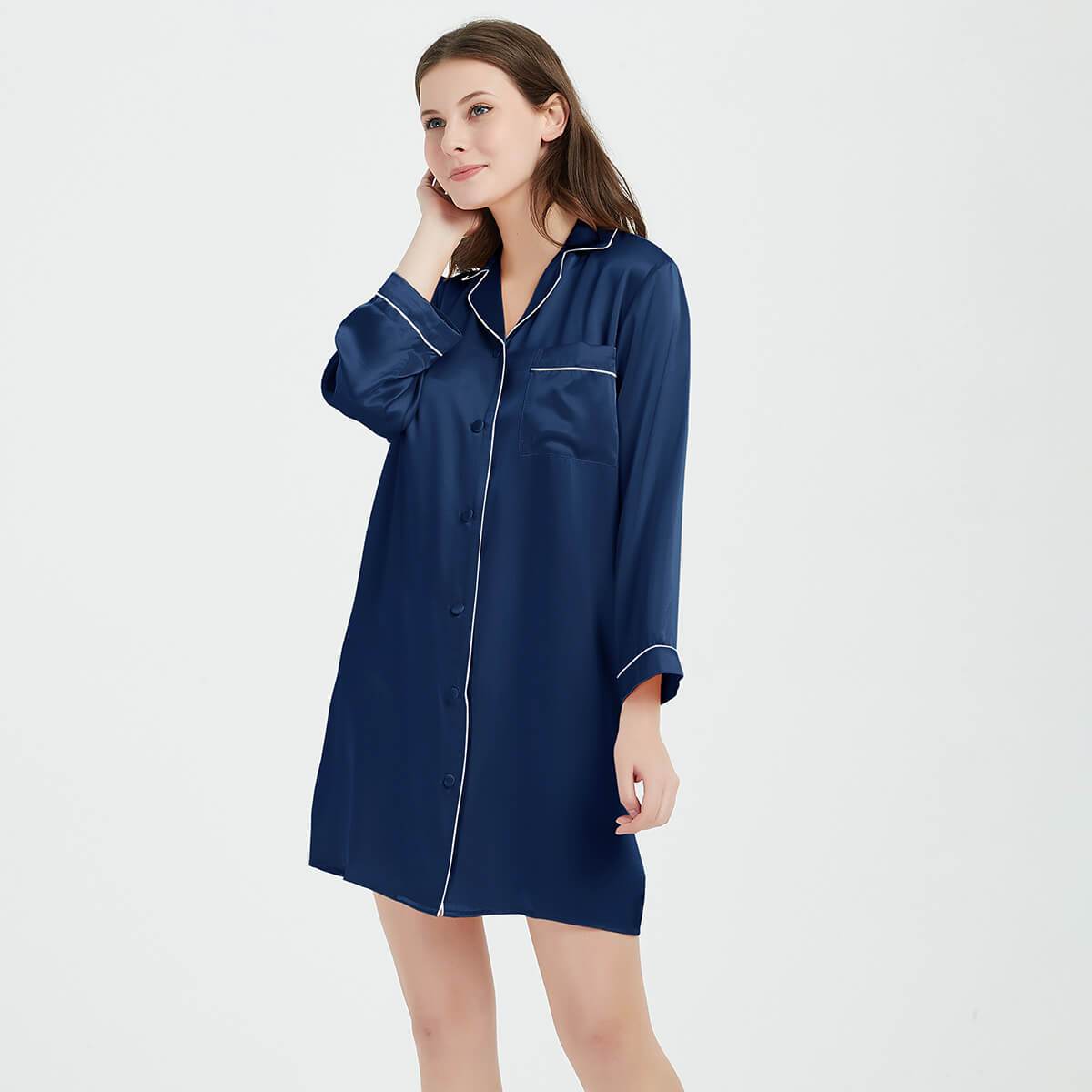 Womens Silk Nightshirt 100% Boyfriend Pure Silk Sleepwear Navy Blue XS