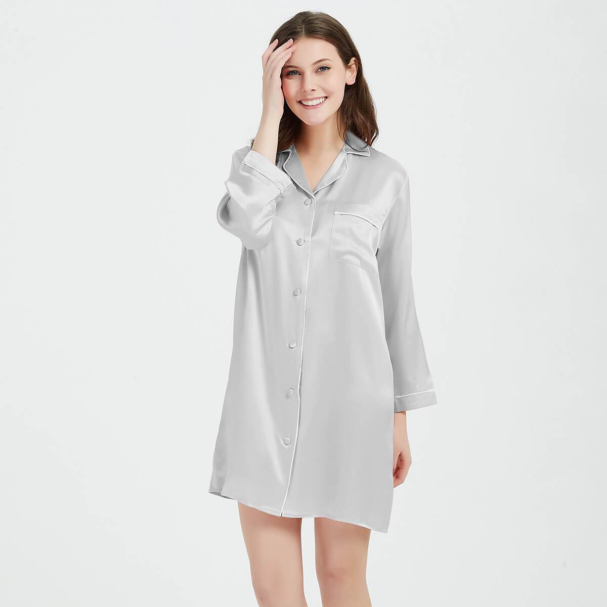 Womens Silk Nightshirt 100% Boyfriend Pure Silk Sleepwear Silver Gray XS
