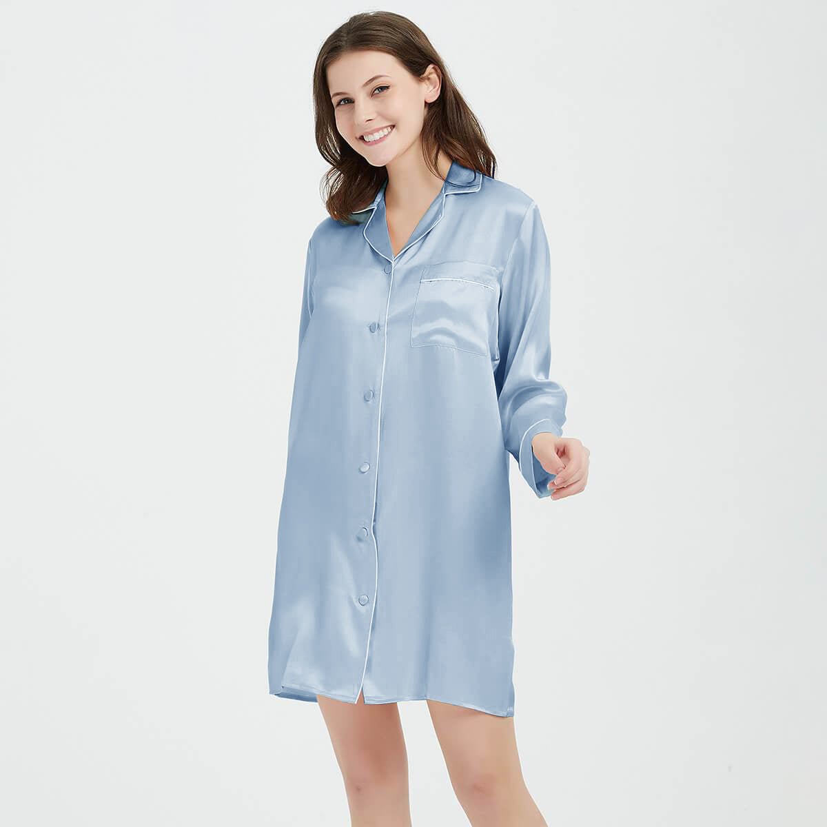 Womens Silk Nightshirt 100% Boyfriend Pure Silk Sleepwear Light Blue XS