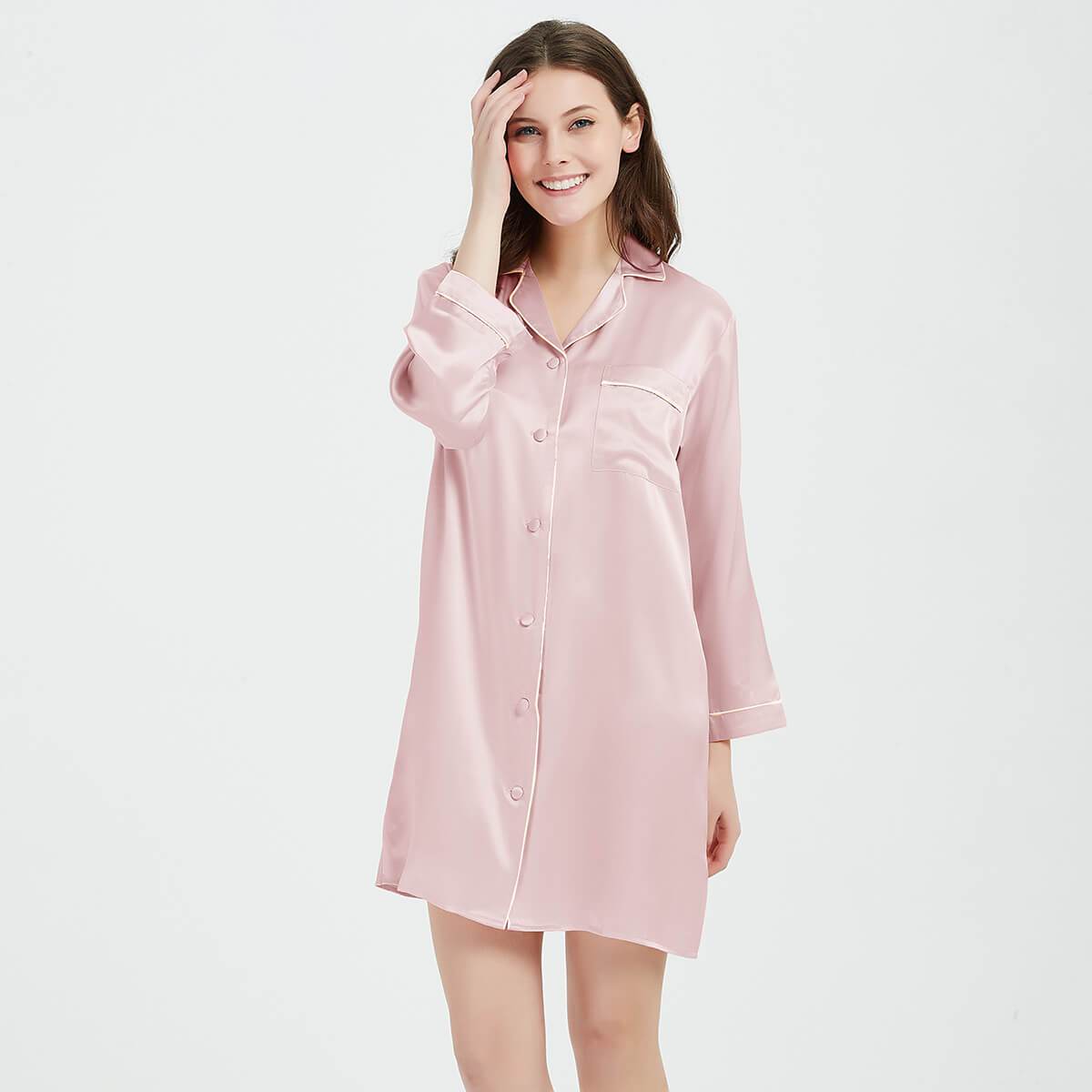 Womens Silk Nightshirt 100% Boyfriend Pure Silk Sleepwear Pink XS