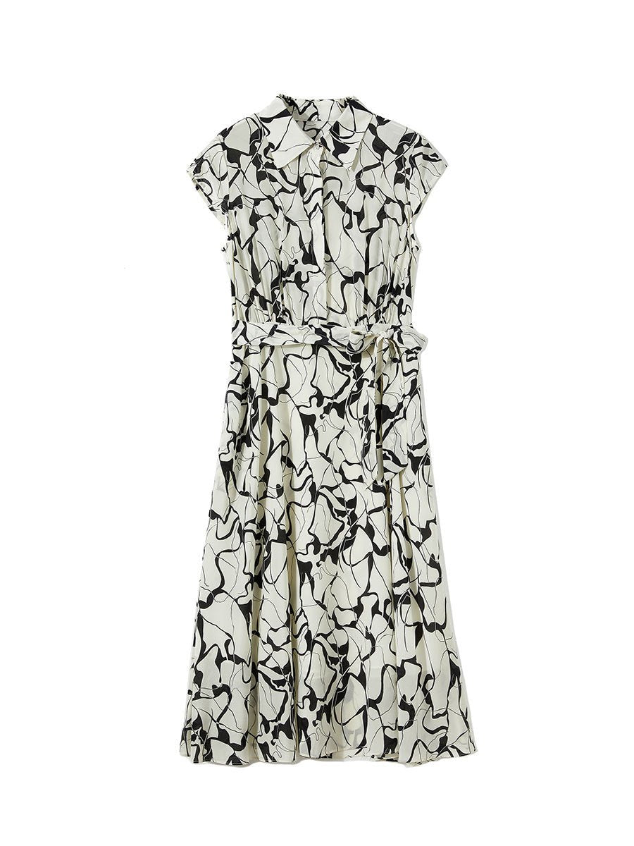 Womens Silk Shirt Midi Dress Abstract Print Waist Tie Silk Dress Ivory XS