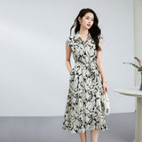 Womens Silk Shirt Midi Dress Abstract Print Waist Tie Silk Dress Ivory XS