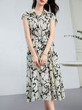 Womens Silk Shirt Midi Dress Abstract Print Waist Tie Silk Dress Ivory XS