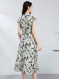 Womens Silk Shirt Midi Dress Abstract Print Waist Tie Silk Dress Ivory XS