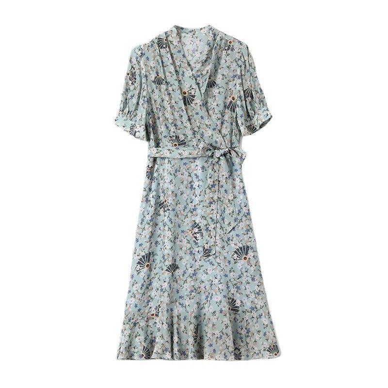 Womens Silk Wrap Midi Dress Fan Motif Ruffled Hem Blue Silk Dress Blue XS
