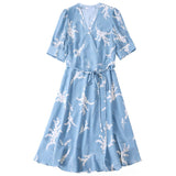Womens Silk Wrap Mini Dress Puff Sleeve Floral Print Blue Silk Dress Blue XS