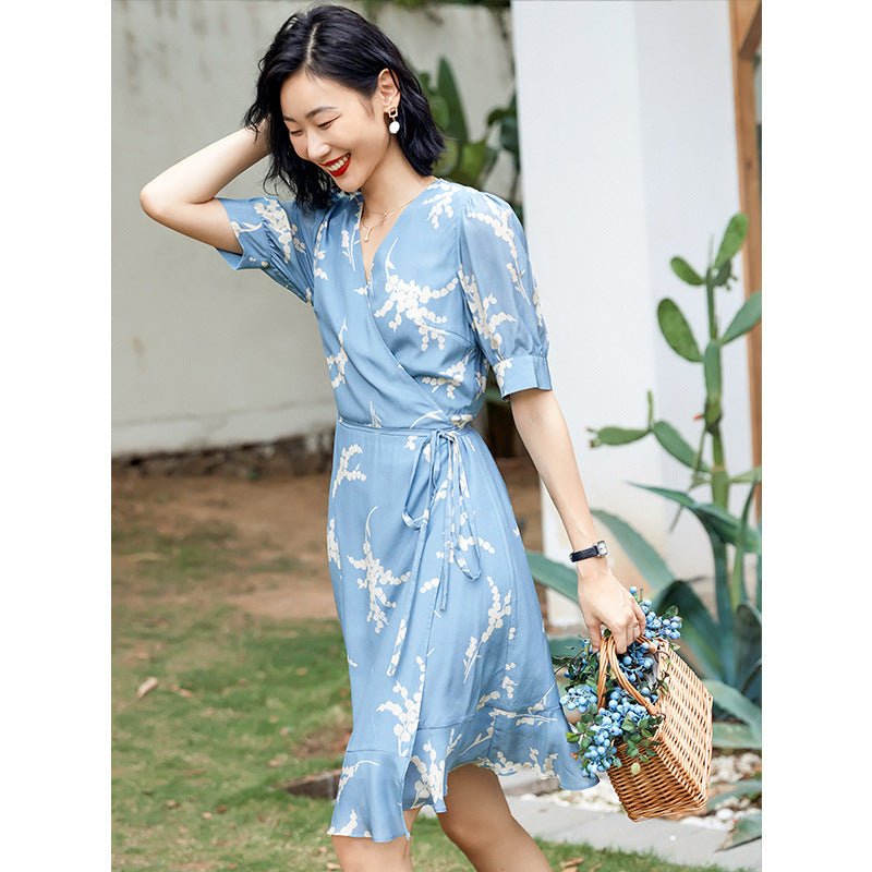 Womens Silk Wrap Mini Dress Puff Sleeve Floral Print Blue Silk Dress Blue XS