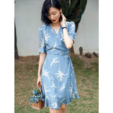 Womens Silk Wrap Mini Dress Puff Sleeve Floral Print Blue Silk Dress Blue XS