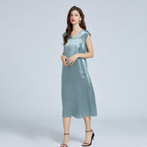 Women's Simple Slim V - neck Silk Dress 100% Mulberry Silk Sleeveless Dress Haze Blue XS