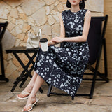 Womens Sleeveless Silk Midi Dress Abstract Floral Print Long Silk Dress