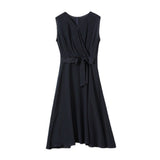 Womens Sleeveless Silk Wrap Midi Dress Flowing Hem Silk Dress Navy Blue XS